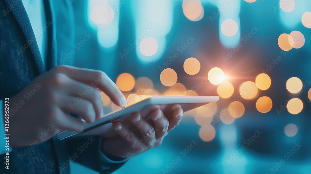 Poster graph person using a tablet to analyze performance metrics in a digital workspace.
