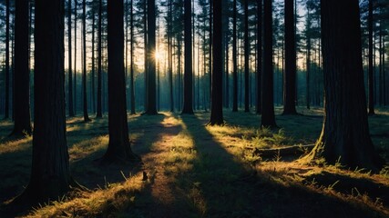 Obraz premium Sunlight Illuminates Forest Path Creating Shadows Through the Tall Trees