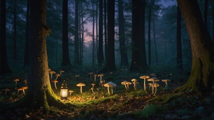 Glowing Lantern Illuminates Mushrooms in Enchanted Forest at Dusk