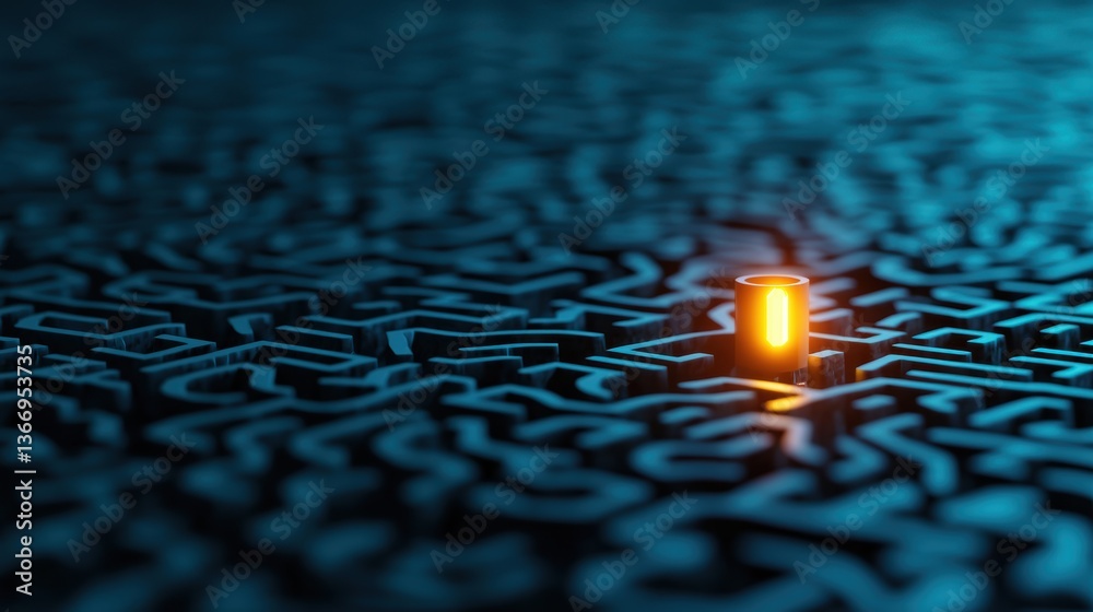 Poster solution innovative technology concept with glowing problem solving pathways.