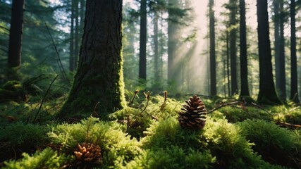 Pine Cone Resting on Moss in Sunlit Forest Scene