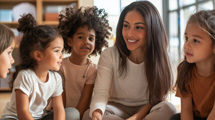 Teacher kneeling beside a young student, explaining a math problem as curious classmates watch attentively.
