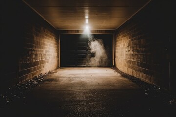 Fototapeta premium A dimly lit garage with a light illuminating smoke, creating a mysterious and atmospheric scene.