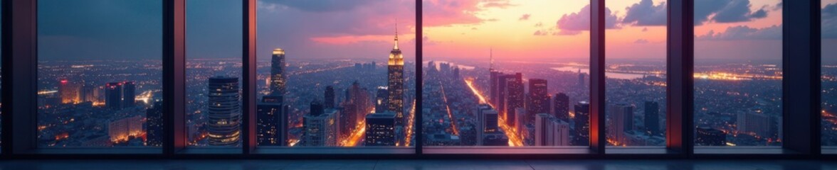 Fototapeta premium Stunning city view from floor-to-ceiling window, wall of glass, urban oasis