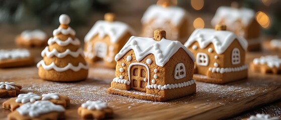Festive gingerbread houses and tree.