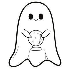 Halloween Ghost Holding Crystal Ball | Hand-Drawn Line Art