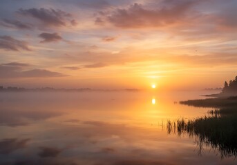 Obraz premium Sunrise Over Foggy Lake with Golden Reflections and Coastal Grass