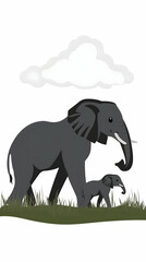 Fototapeta premium Pixel Illustration Of Elephants Walking On Green Grass Under A Cloud