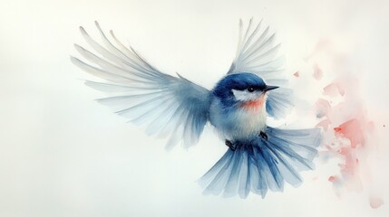 Watercolor painting of a small blue bird in flight.