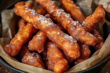 Serving Warm Churro Sticks Dusted with Sugar in a Rustic Bowl