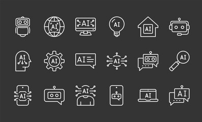 Ai related line icons set, chat bot, voice assistant, ai technology, dark background, vector eps10 illustration
