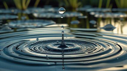 Using a hyper zoom lens, capture the moment a droplet falls into a pond, showing ripples in extreme detail