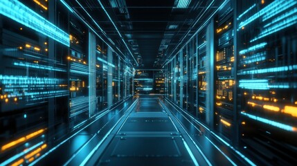 Fototapeta premium AI powered quantum computer processing complex calculations in a futuristic data center, high-tech research facility with glowing superconducting circuits, next-gen computing innovation