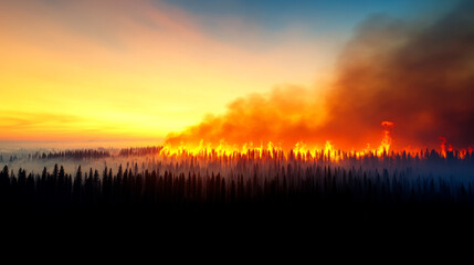 Obraz premium A dramatic sunset casts fiery hues over a forest engulfed in flames, highlighting the destructive force of wildfire amidst a smoky backdrop.
