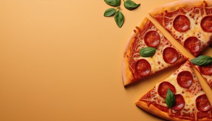 Appetizing pepperoni pizza with fresh basil leaves - great for Italian food content.