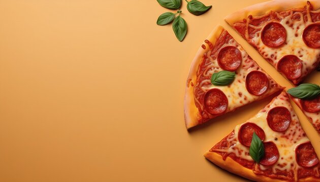 Appetizing pepperoni pizza with fresh basil leaves - great for Italian food content.