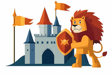 Pixelated Lion Guarding A Castle With Flags Illustration