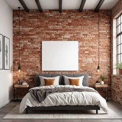 Modern Bedroom Interior with Blank Canvas Mockup on Brick Wall