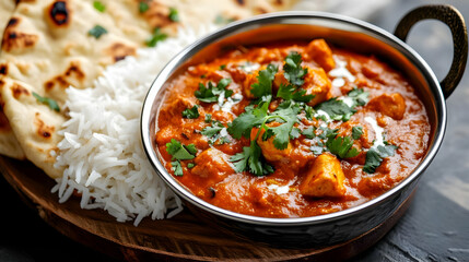 Delicious Chicken Tikka Masala with Rice and Naan Bread Served in Copper Bowl on Wooden Plate with Vibrant Red Sauce and Fresh Cilantro