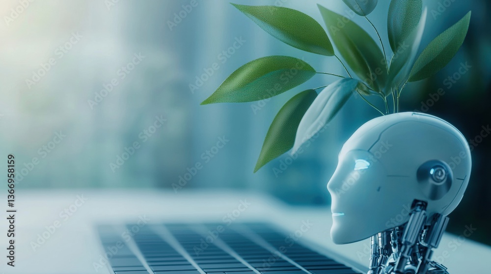 Poster artificial intelligence futuristic ai robot interacting with a human in a high tech workspace.