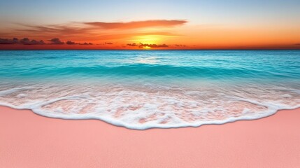 Obraz premium Pink Sand Beach Sunset Tranquil Ocean Waves and Calm Water