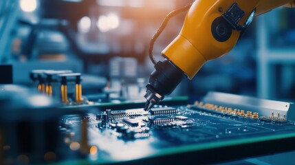 AI powered robot assembling high precision electronic components in a modern factory, advanced electronics manufacturing facility with robotic arms assembling small parts, Tech style