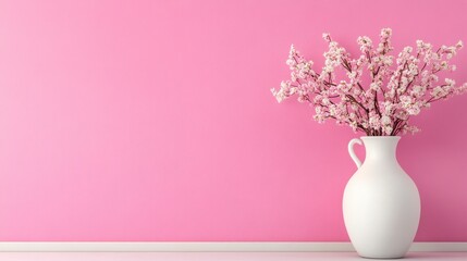 Pink Wall Minimalist Interior with White Vase and Cherry Blossoms