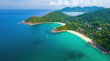 Fototapeta premium Aerial View of Tropical Beach and Turquoise Water with Lush Green Mountains