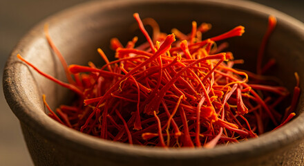 Fototapeta premium Closeup View Of Saffron Threads In Bowl