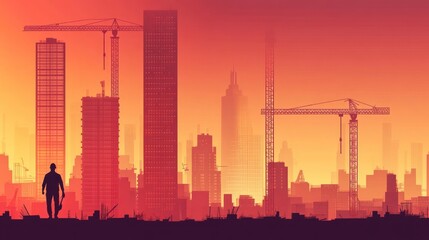 Fototapeta premium Silhouette worker in sunset cityscape construction