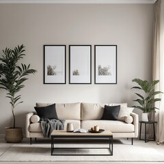 Fototapeta premium Beige Sofa in Minimalist Living Room with Plants and Artwork