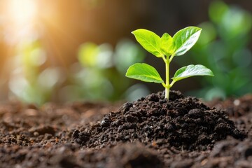 Fototapeta premium A young plant sprouts from rich soil, illuminated by sunlight, symbolizing growth and renewal in a serene environment.