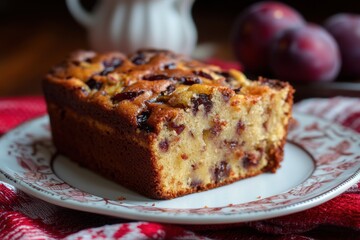 Homemade Plum Cake Slice on Plate with Fresh Plums Background