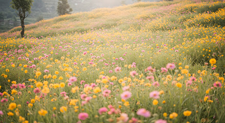 Obraz premium Colorful Flower Field At Sunrise