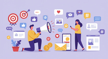 social-media-marketing-digital-engagement-flat-illustration-megaphone-target-like-icons-modern-style