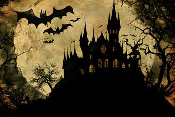 Spooky Silhouette Castle With Bats Against Full Moon Night Illustration