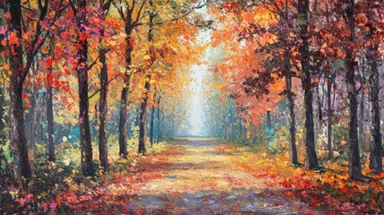 119.A tranquil forest path in autumn, lined with tall trees whose leaves display a gradient of red, orange, and yellow. Fallen leaves cover the ground, creating a rich, colorful carpet. Sunlight