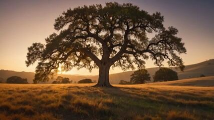 Fototapeta premium Majestic Old Tree Standing in Golden Field at Warm Sunset