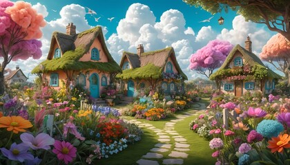 Obraz premium Fairytale Cottages in a Vibrant Flower Garden