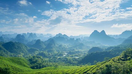 Obraz premium 15.A panoramic scene of the expansive tea gardens in Guangxi, with perfectly aligned green tea plants under the vast sky, embodying the tranquility of nature in an idyllic, rural landscape.