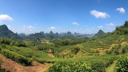 14.A wide, breathtaking view of a lush tea garden in Guangxi province, with rows of vibrant green tea plants stretching out to the horizon under a clear blue sky, capturing the natural beauty of the