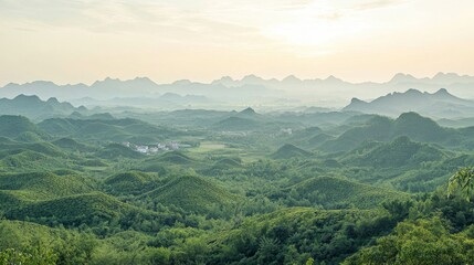 Obraz premium 17.A sweeping view of a lush, green tea plantation in Guangxi province, with the natural beauty of the rolling hills and tea rows, complemented by the clear, open sky above, evoking a sense of calm