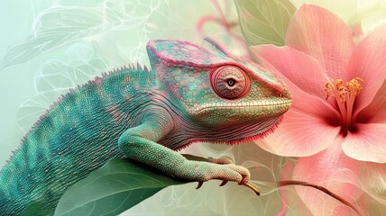 Fototapeta premium Vibrant Chameleon Perched on Flower with Soft Pastel Background