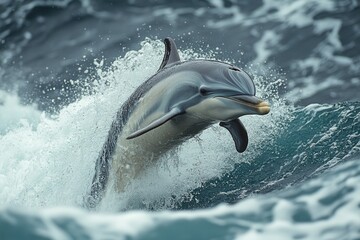 Dolphin Leaps Joyfully Above the Crest of a Wave in the Ocean During a Sunny Day, Showcasing Its Playful Nature and Acrobatic Abilities