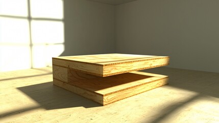 Floating wooden cube in sunlit room, shadows & light play. Minimalist art