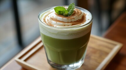 39.A vertical shot of a frothy Dalgona matcha latte with smooth milk and whipped matcha foam, topped with mint leaves for garnish, showcasing the layers of green and white in a clear glass cup.
