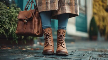 Woman wearing brown boots and holding a leather bag.