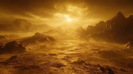 Golden Planetary Landscape with Mountains and Sunlight Under a Dramatic Sky