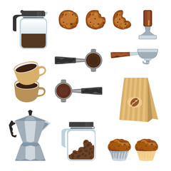 Vector illustration set of freshly roasted and ground coffee drinks, aromatic coffee, bubble tea menu, bakery, desserts, cold and hot coffee, isolated on background for food, drinks and coffee shop.