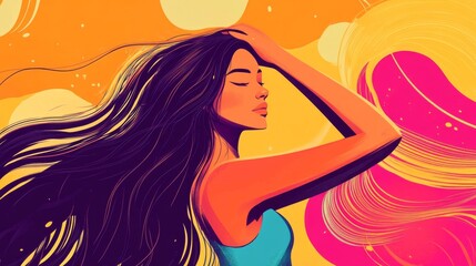 60.A vibrant, high-contrast image of a young woman combing her long hair, the gentle flow of her hair accentuated against a bold, colored background, creating an energetic and fresh vibe perfect for